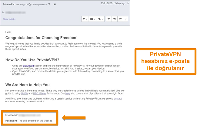 Bir hesaba kaydolduktan sonra PrivateVPN e-posta onayının ekran g&ouml;r&uuml;nt&uuml;s&uuml;