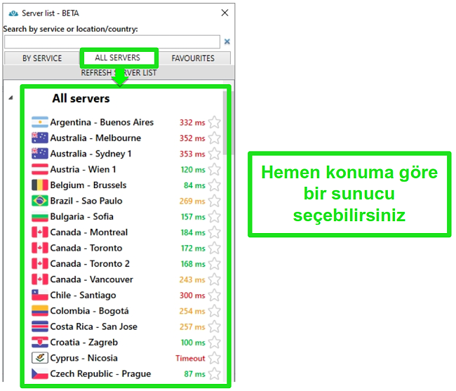 "T&uuml;m Sunucular" listesi altında PrivateVPN sunucu konumlarının ekran g&ouml;r&uuml;nt&uuml;s&uuml;