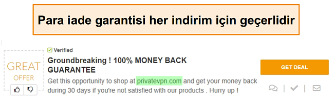 Bir "anlaşma" olarak para iade garantisinin reklamını yapan PrivateVPN kuponunun ekran g&ouml;r&uuml;nt&uuml;s&uuml;