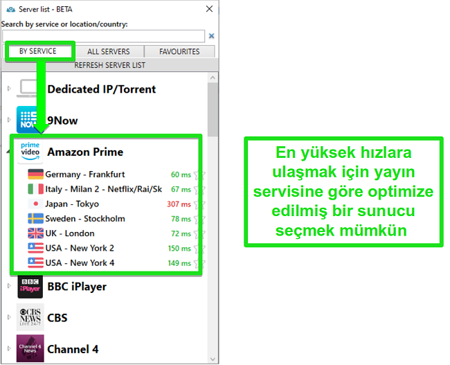 PrivateVPN i&ccedil;in akış sunucusu se&ccedil;eneklerinin ekran g&ouml;r&uuml;nt&uuml;s&uuml;
