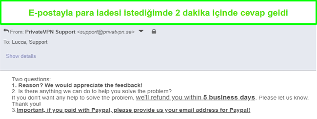 PrivateVPN ekran g&ouml;r&uuml;nt&uuml;s&uuml; geri &ouml;deme isteğime e-posta yoluyla hızlı bir şekilde yanıt veriyor