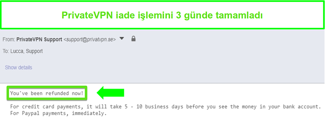 Bir geri &ouml;deme işlendikten sonra PrivateVPN'in yanıtının ekran g&ouml;r&uuml;nt&uuml;s&uuml;