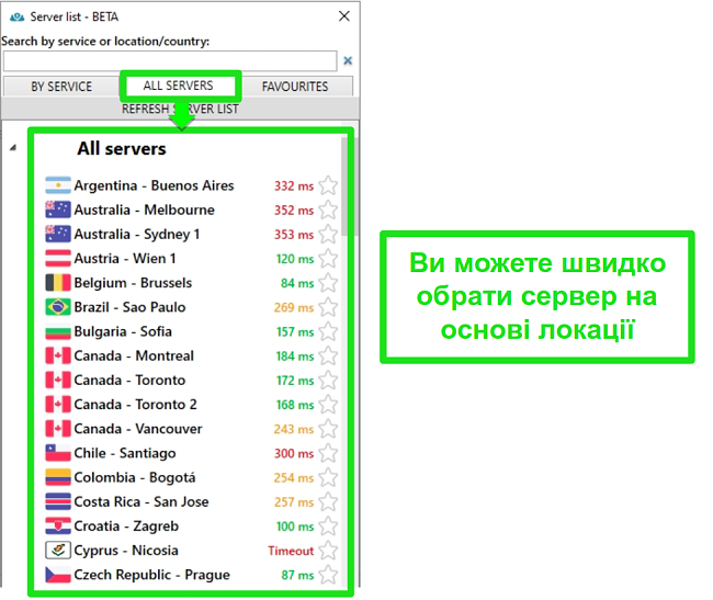 Знімок екрана розташування серверів PrivateVPN у списку "Усі сервери"