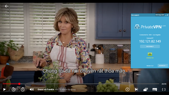 Ảnh chụp m&agrave;n h&igrave;nh của PrivateVPN được kết nối với m&aacute;y chủ Hoa Kỳ với sự ph&aacute;t trực tuyến của Grace v&agrave; Frankie tr&ecirc;n Netflix US
