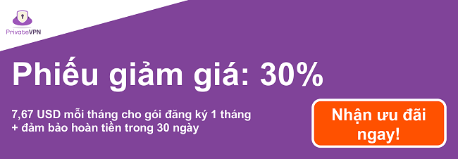 H&igrave;nh ảnh của một phiếu giảm gi&aacute; PrivateVPN đang hoạt động cho đăng k&yacute; 1 th&aacute;ng với gi&aacute; 7,67 đ&ocirc; la v&agrave; đảm bảo ho&agrave;n tiền trong 30 ng&agrave;y