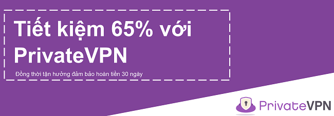 H&igrave;nh ảnh của một phiếu giảm gi&aacute; PrivateVPN đang hoạt động cung cấp chiết khấu 65% với đảm bảo ho&agrave;n tiền trong 30 ng&agrave;y