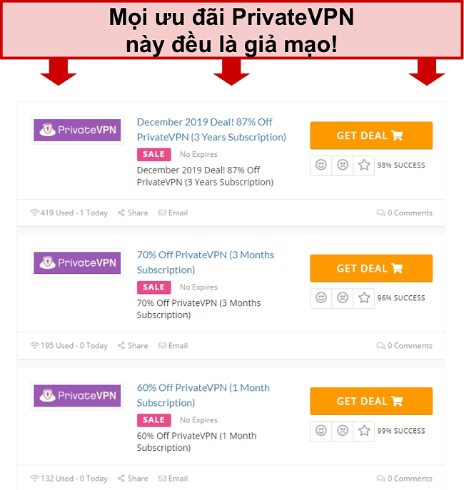 Ảnh chụp m&agrave;n h&igrave;nh c&aacute;c giao dịch PrivateVPN hiển thị gi&aacute; sai