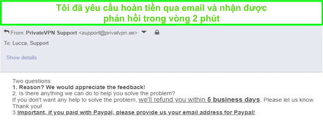 Ảnh chụp m&agrave;n h&igrave;nh của PrivateVPN nhanh ch&oacute;ng phản hồi y&ecirc;u cầu ho&agrave;n tiền của t&ocirc;i qua email