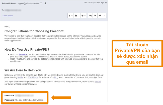Ảnh chụp m&agrave;n h&igrave;nh x&aacute;c nhận email PrivateVPN sau khi đăng k&yacute; t&agrave;i khoản