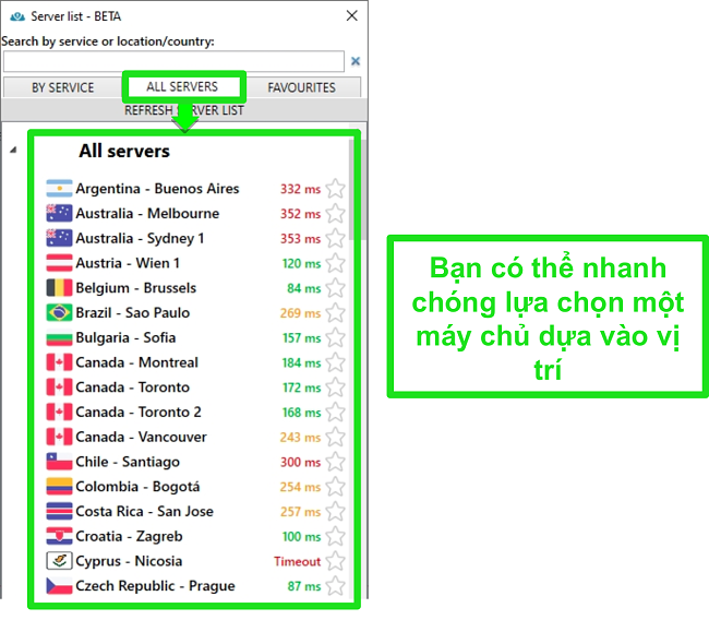 Ảnh chụp m&agrave;n h&igrave;nh vị tr&iacute; m&aacute;y chủ PrivateVPN trong danh s&aacute;ch "Tất cả m&aacute;y chủ"