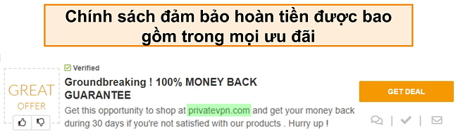 Ảnh chụp m&agrave;n h&igrave;nh của phiếu thưởng PrivateVPN quảng c&aacute;o đảm bảo ho&agrave;n tiền dưới dạng "thỏa thuận"