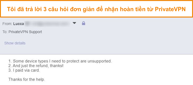 Ảnh chụp m&agrave;n h&igrave;nh c&aacute;c c&acirc;u trả lời để y&ecirc;u cầu ho&agrave;n lại tiền PrivateVPN qua email