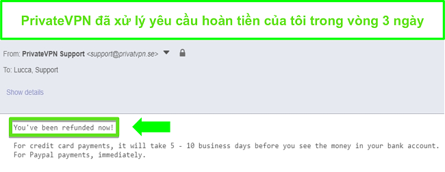 Ảnh chụp m&agrave;n h&igrave;nh phản hồi của PrivateVPN sau khi xử l&yacute; tiền ho&agrave;n lại