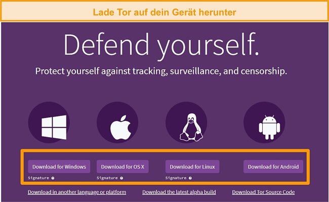 Screenshot der Download-Seiten&uuml;bersicht des Tor-Projekts
