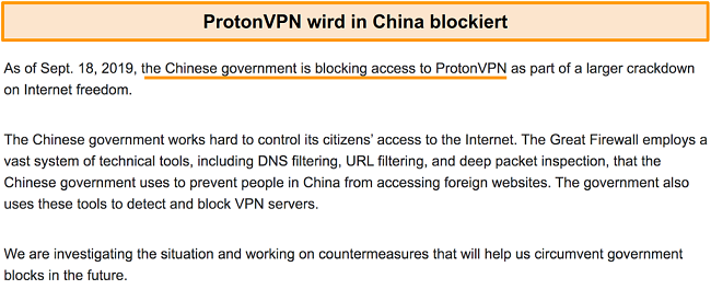 Screenshot von der Proton VPN-Website mit der Ank&uuml;ndigung, dass sie in China blockiert wurden