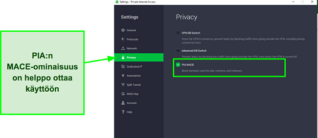 Kuvakaappaus PIA:n Mace-ominaisuuden kytkemisest&auml; p&auml;&auml;lle