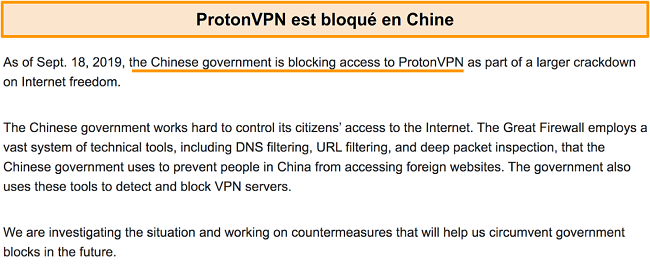 Capture d'&eacute;cran du site Web de Proton VPN annon&ccedil;ant qu'ils ont &eacute;t&eacute; bloqu&eacute;s en Chine
