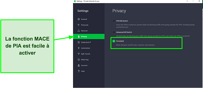 Capture d'&eacute;cran de la fa&ccedil;on d'activer la fonction Mace de PIA