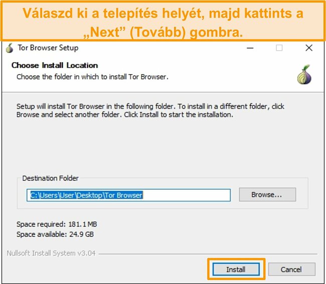 A Tor b&ouml;ng&eacute;sző telep&iacute;t&eacute;s&eacute;nek k&eacute;pernyők&eacute;pe a Windows 10 rendszeren