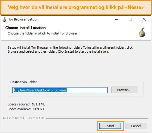 Skjermbilde av Tor nettleserinstallasjon p&aring; Windows 10