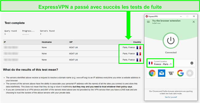 Capture d&rsquo;&eacute;cran d&rsquo;ExpressVPN connect&eacute; &agrave; un serveur parisien et passant un test de fuite d&rsquo;adresse DNS et IP
