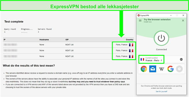 Skjermbilde av ExpressVPN koblet til en Paris-server og best&aring;tt en DNS- og IP-adresselekkasjetest