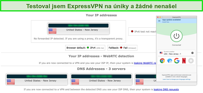 Sn&iacute;mek obrazovky s protokolem ExpressVPN &uacute;spě&scaron;ně před&aacute;val test &uacute;niku IP, WebRTC a DNS při připojen&iacute; k serveru v USA