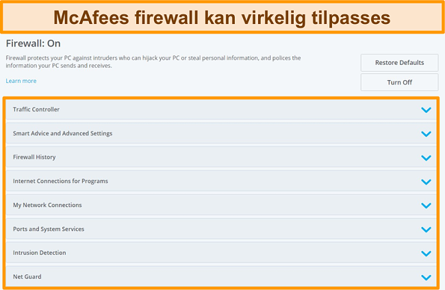 Sk&aelig;rmbillede af McAfee Firewall-funktioner