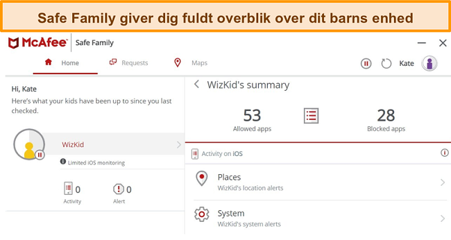 Sk&aelig;rmbillede af McAfee Safe Family-for&aelig;ldrekontrolfunktion knyttet til en iPhone