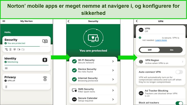 Sk&aelig;rmbillede af Nortons iOS-app, der viser, hvor ren og enkel gr&aelig;nsefladen er, hvilket g&oslash;r det nemt at navigere for begyndere.