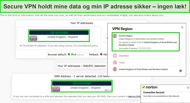 Sk&aelig;rmbillede af Nortons Secure VPN forbundet til en britisk server, med resultaterne af en IP-l&aelig;kagetest, der ikke viser nogen datal&aelig;kager.