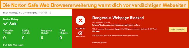 Screenshot von Norton Safe Web, der best&auml;tigt, dass eine Site sicher oder gef&auml;hrlich ist.