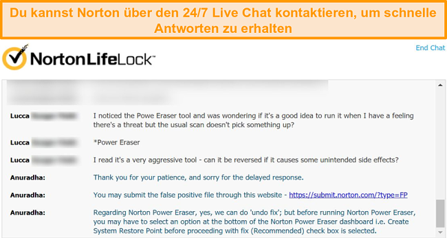 Screenshot einer Unterhaltung mit einem Norton-Kundendienstmitarbeiter &uuml;ber einen Live-Chat.