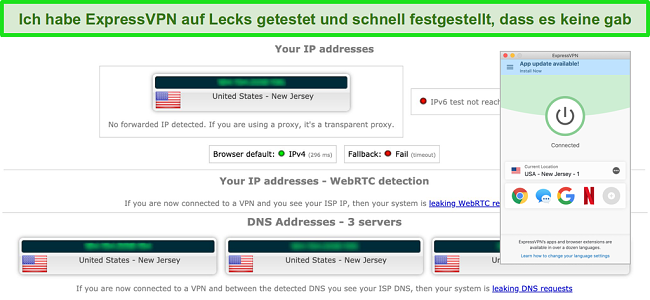 Screenshot von ExpressVPN, der erfolgreich einen IP-, WebRTC- und DNS-Leaktest besteht, w&auml;hrend er mit einem Server in den USA verbunden ist