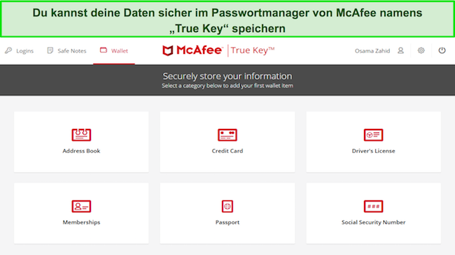 Screenshot mit der Benutzeroberfl&auml;che von McAfee True Key Password Manager