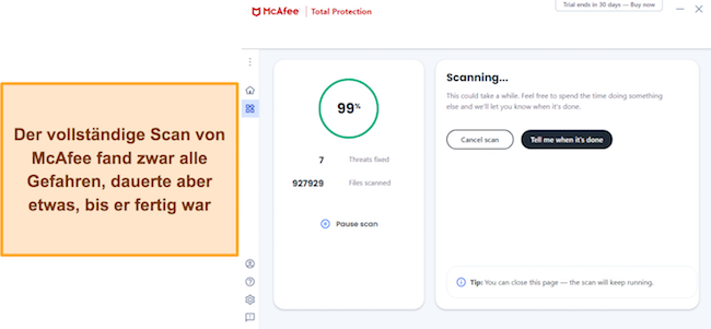 Screenshot, der zeigt, wie McAfee seinen vollst&auml;ndigen Scan ausf&uuml;hrt