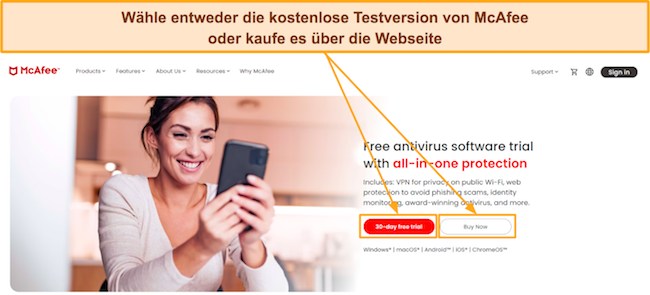 Screenshot der Website von McAfee mit Optionen f&uuml;r die kostenlose Testversion oder den Sofortkauf