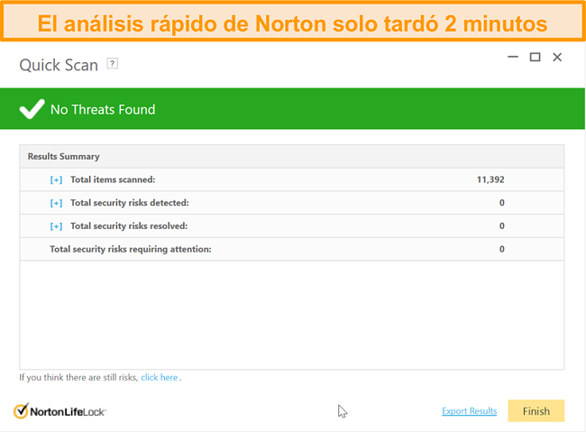 Captura de pantalla del resultado del an&aacute;lisis r&aacute;pido de Norton 360