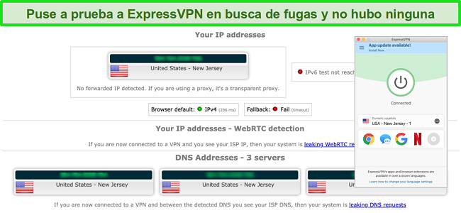Captura de pantalla de ExpressVPN pasando con &eacute;xito una prueba de fuga de IP, WebRTC y DNS mientras est&aacute; conectado a un servidor en los EE. UU.