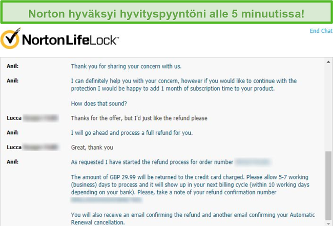 N&auml;ytt&ouml;kuva hyvityksen vastaanottamisesta Nortonin live-chatin kautta.