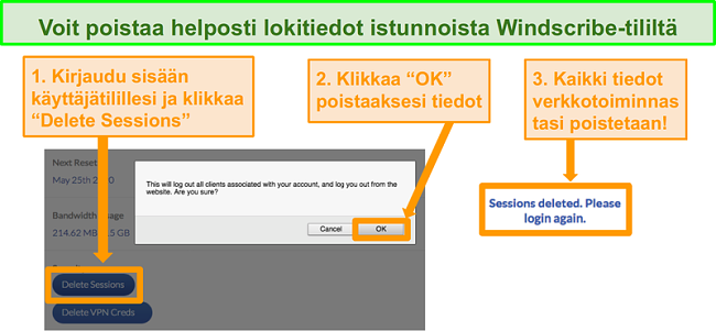 N&auml;ytt&ouml;kuva mahdollisuudesta poistaa tietoja Windscribe-tililt&auml;
