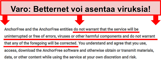 N&auml;ytt&ouml;kuva Betternetin termeist&auml;, jotka eiv&auml;t takaa suojaa haittaohjelmilta