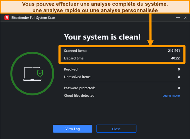 Capture d'&eacute;cran d'une analyse syst&egrave;me Bitdefender termin&eacute;e.