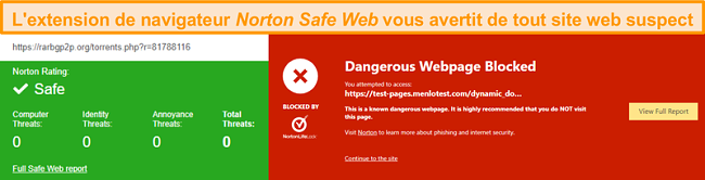 Capture d'&eacute;cran de Norton Safe Web confirmant qu'un site est s&ucirc;r ou dangereux.