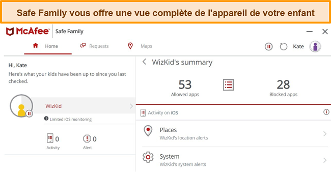 Capture d'&eacute;cran de la fonction de contr&ocirc;le parental de McAfee Safe Family li&eacute;e &agrave; un iPhone