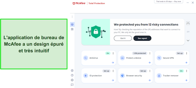 Capture d'&eacute;cran de l'interface de bureau de McAfee
