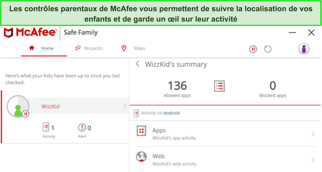 Capture d'&eacute;cran montrant les contr&ocirc;les parentaux de McAfee