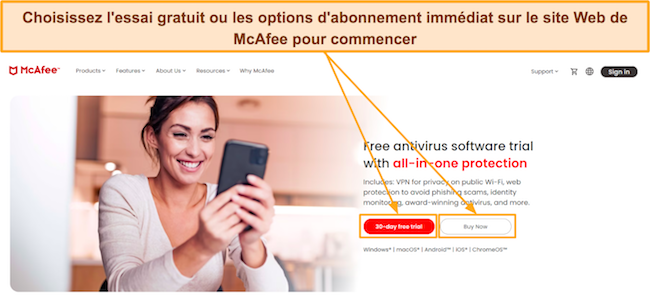 Capture d'&eacute;cran du site Web de McAfee montrant les options d'essai gratuit ou d'achat imm&eacute;diat