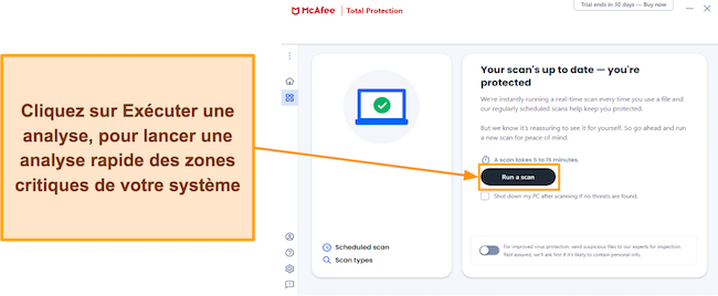 Capture d'&eacute;cran montrant comment d&eacute;marrer l'analyse rapide de McAfee