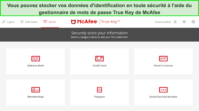 Capture d'&eacute;cran montrant l'interface de McAfee True Key Password Manager